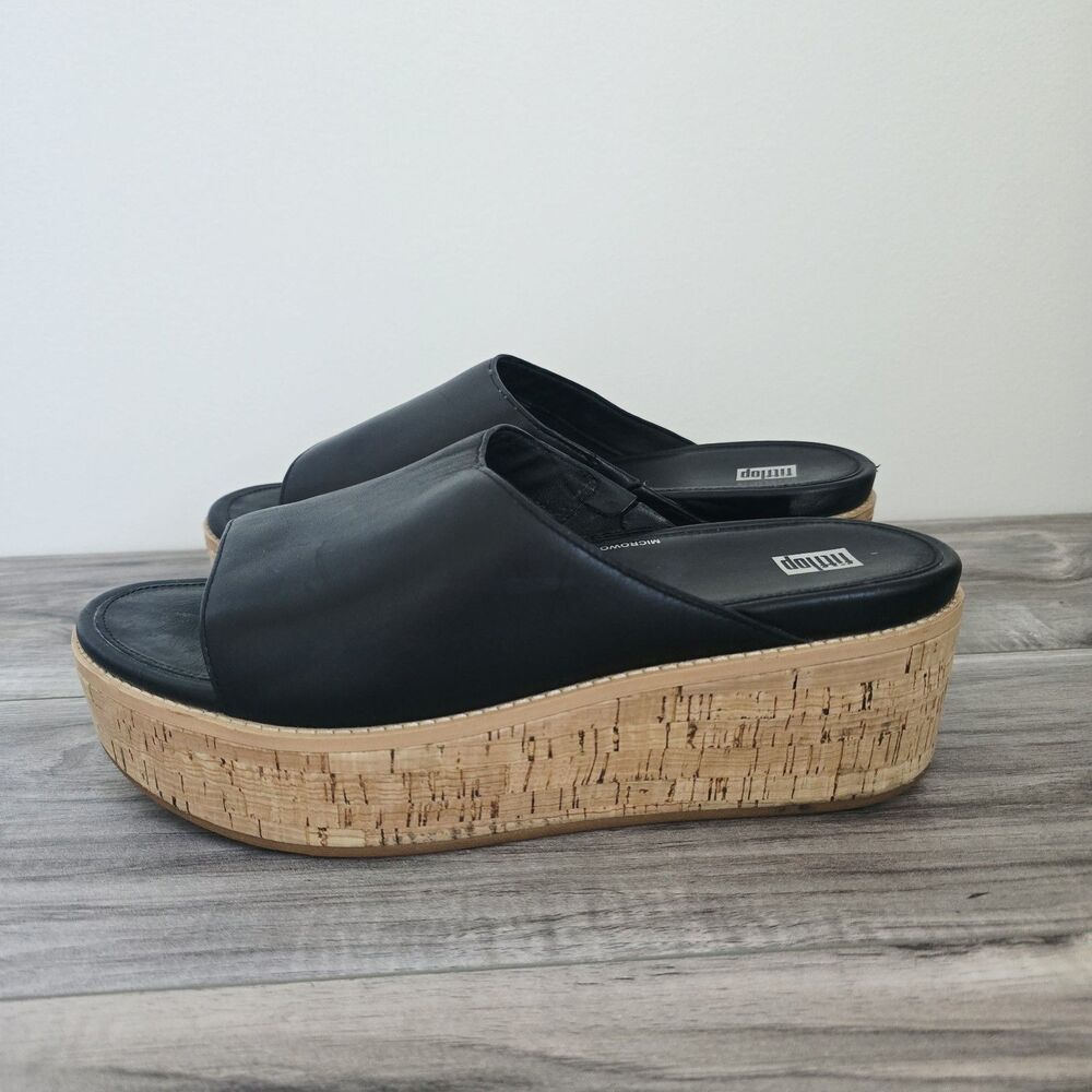 FitFlop Eloise Slides Sandals Women's Black Leather Cork Wrap Wedge US 10 EU 42